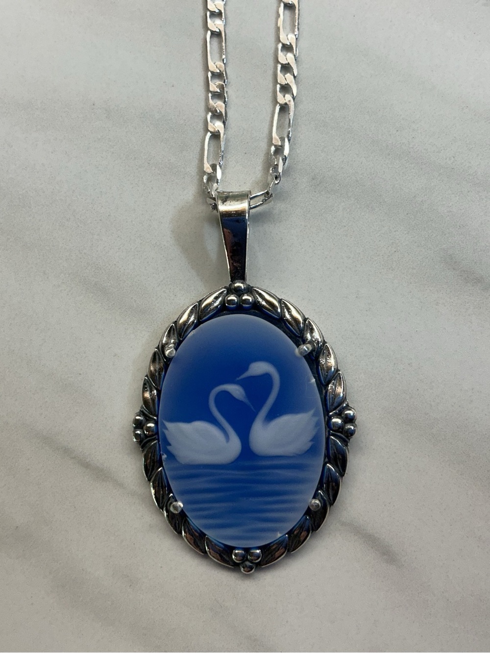 Blue Swan Cameo Pendant Necklace - Silver Tone